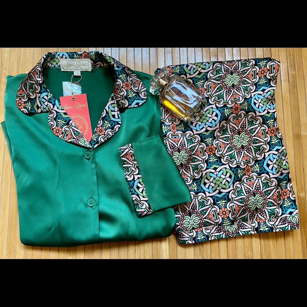 Women Silky Satin Boho Print Pajama Set